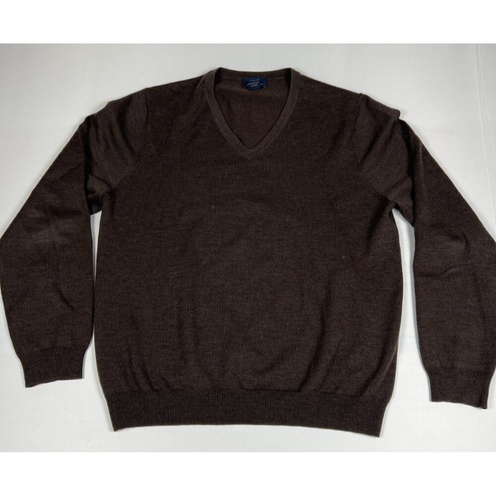 Brooks Brothers 346 Brown Merino Wool V-Neck Sweater Men M 21.5 Retro Knit